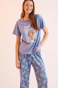 Women'secret Pijama Largo 100% Algodon Snoopy 'save The Planet' Azul Hot