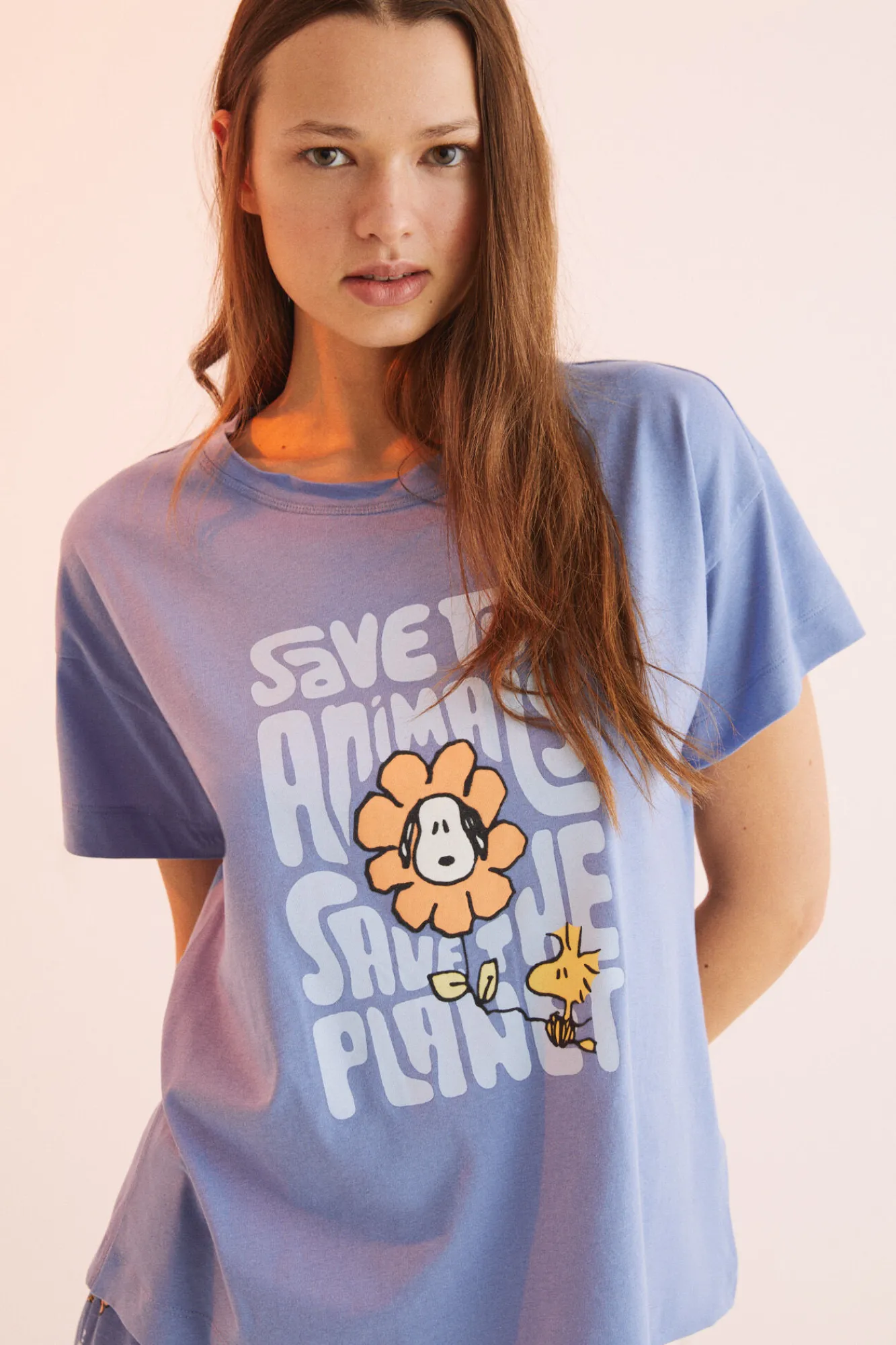 Women'secret Pijama Largo 100% Algodon Snoopy 'save The Planet' Azul Hot
