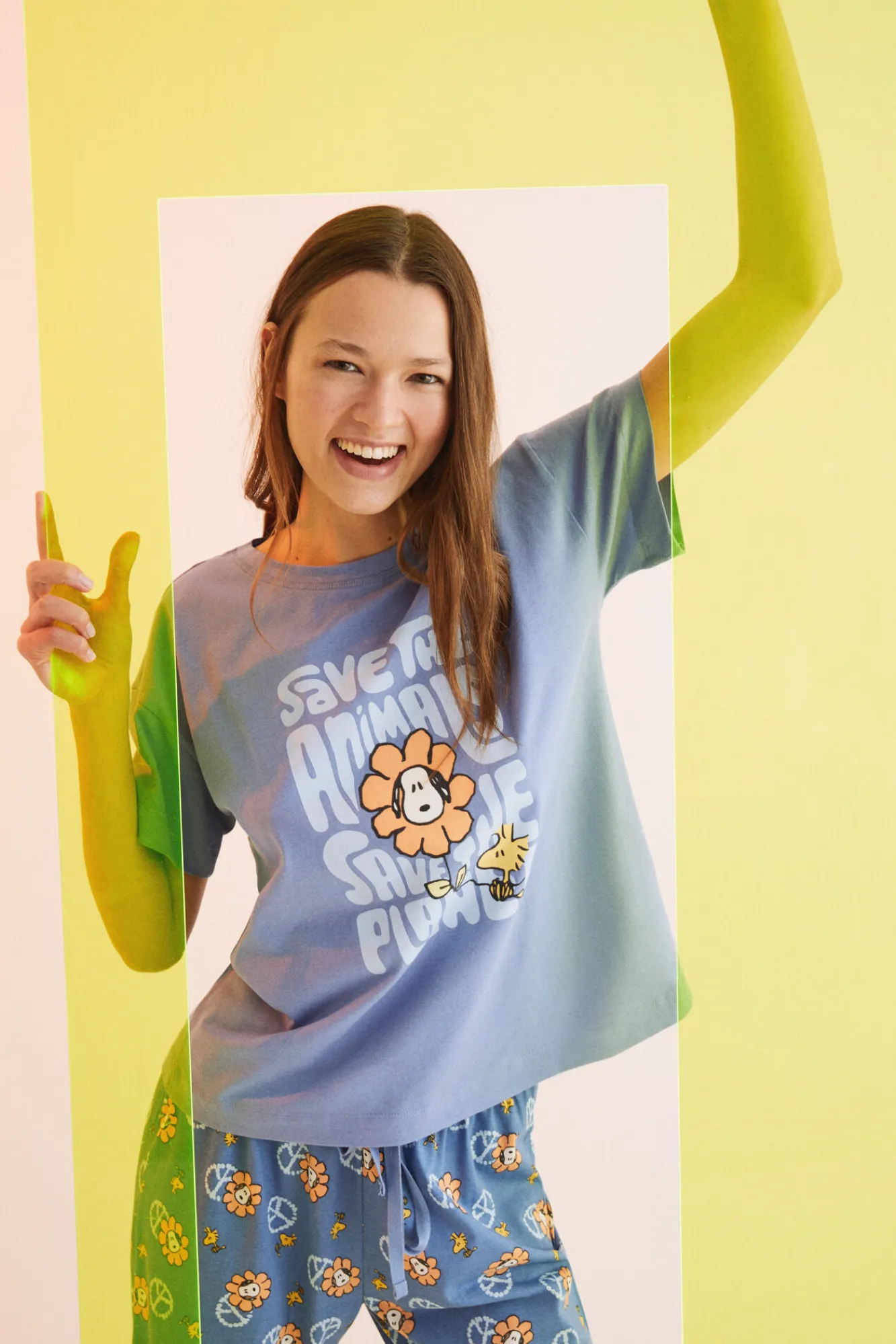 Women'secret Pijama Largo 100% Algodon Snoopy 'save The Planet' Azul Hot