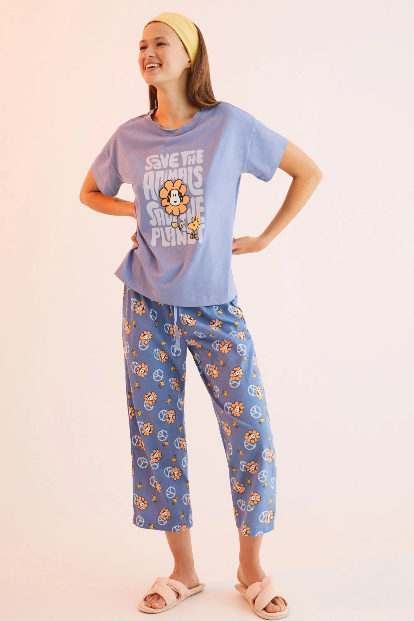 Women'secret Pijama Largo 100% Algodon Snoopy 'save The Planet' Azul Hot