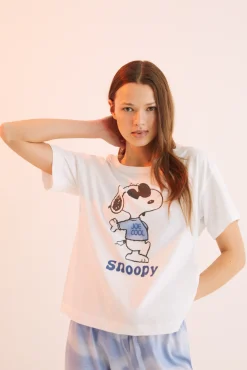 Women'secret Pijama Largo 100% Algodon Snoopy Estampado Beige Clearance