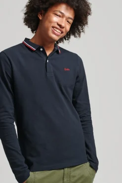Superdry Polo De Manga Larga Con Ribete Y Logotipo Vintage Logo Navy Clearance