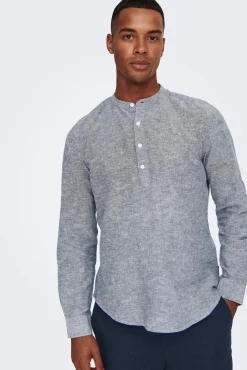 Only & Sons Polo Lino Cuello Mao Azul Medio Hot