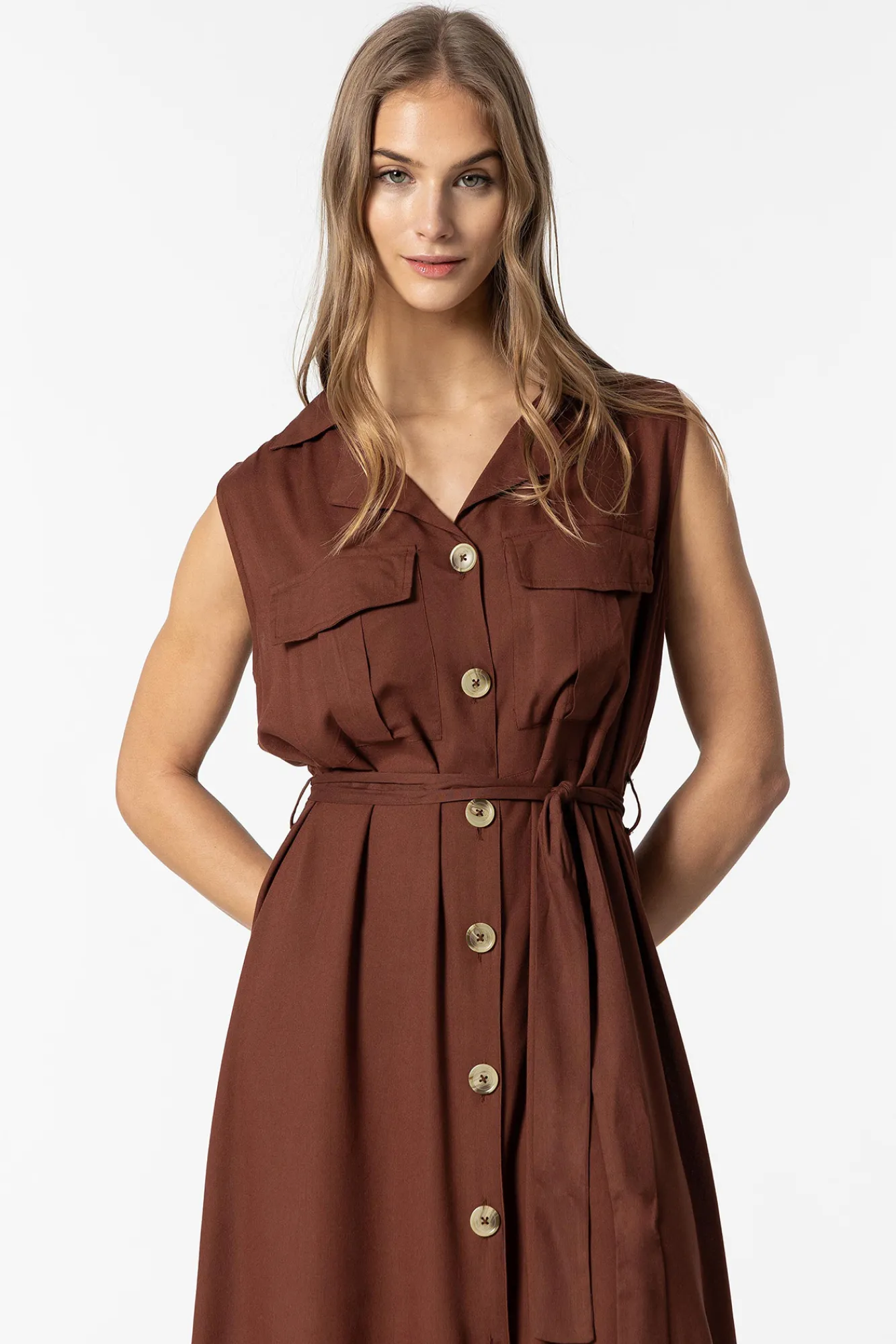 Tiffosi Vestido Camisero Con Cinturon Marron Medio Sale