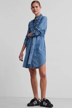 Pieces Vestido Camisero Vaquero Midi Azul Medio New