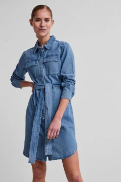 Pieces Vestido Camisero Vaquero Midi Azul Medio New