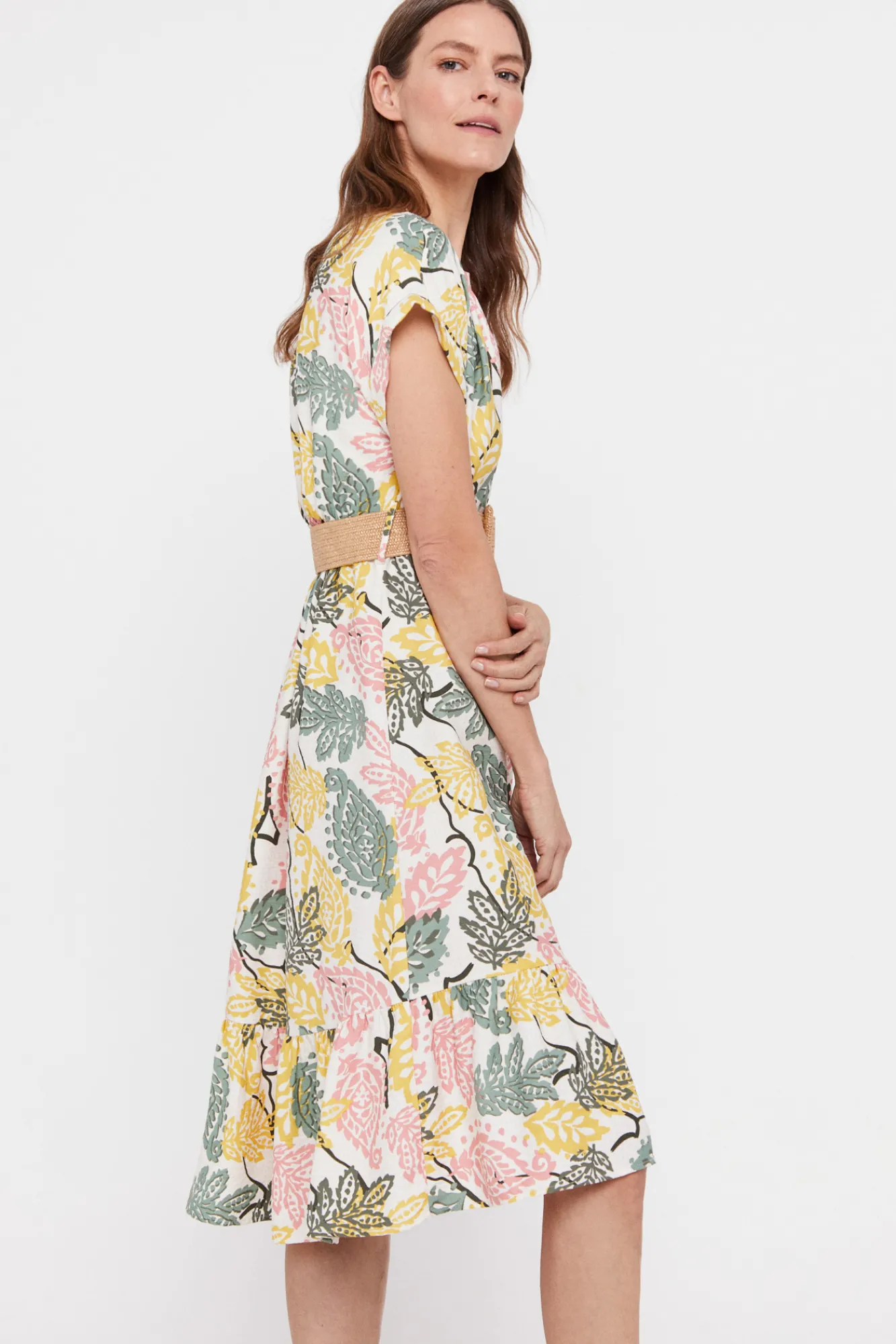 Cortefiel Vestido Confort Cinturon Estampado Blanco