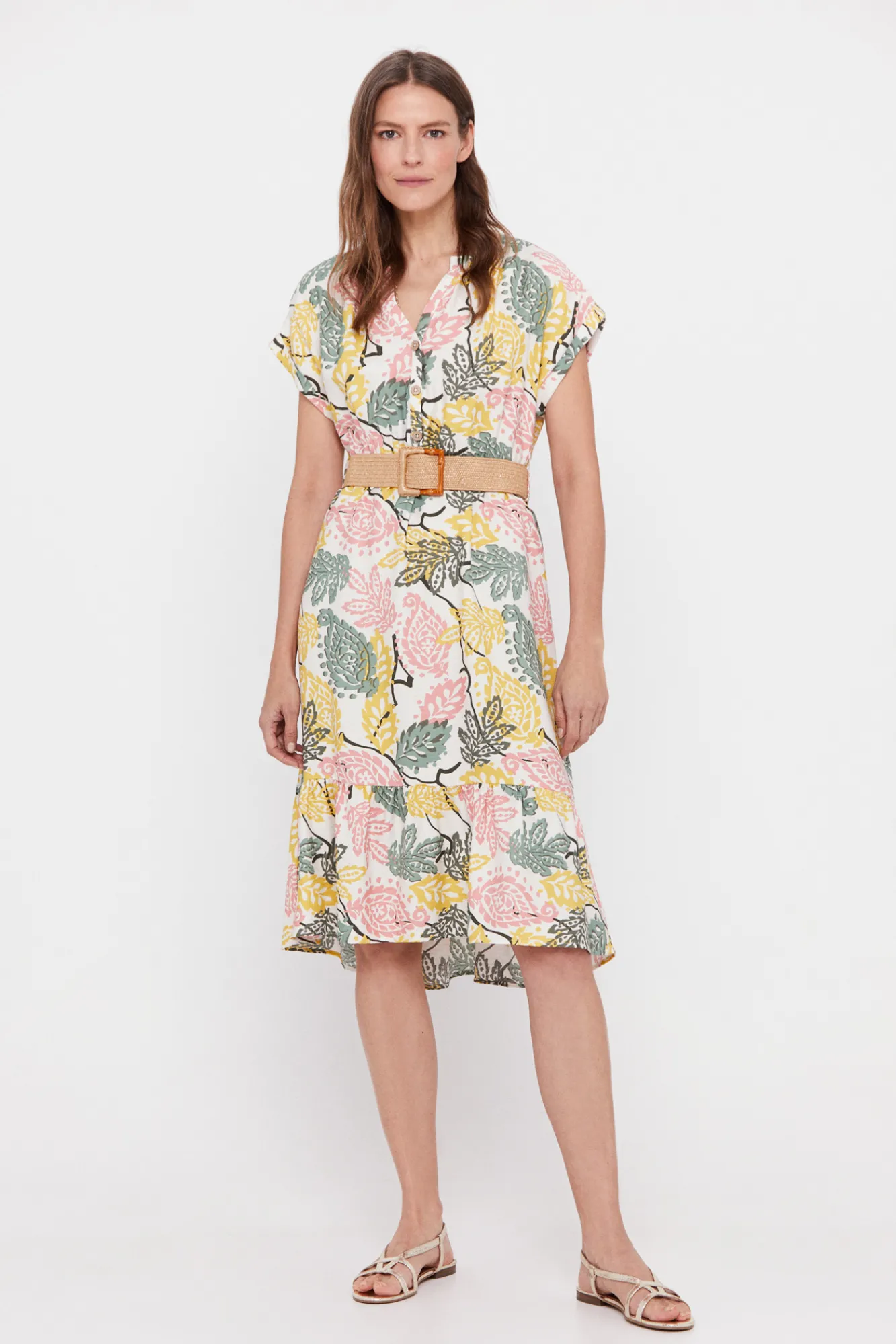 Cortefiel Vestido Confort Cinturon Estampado Blanco