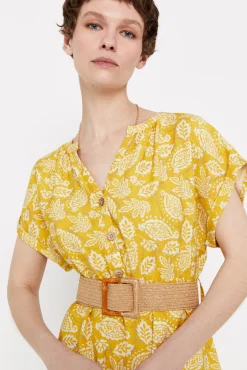 Cortefiel Vestido Confort Cinturon Estampado Amarillo Sale