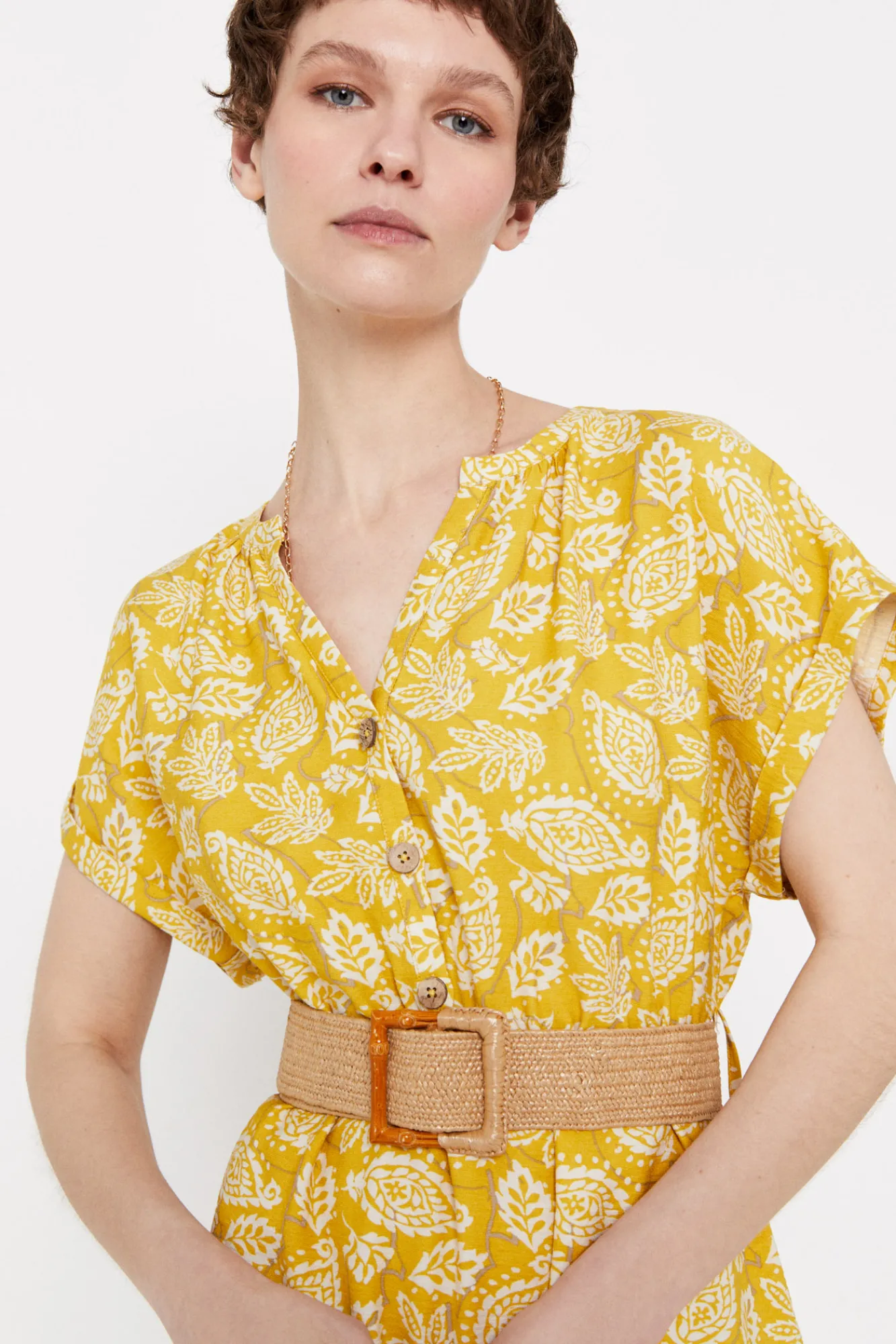 Cortefiel Vestido Confort Cinturon Estampado Amarillo Sale