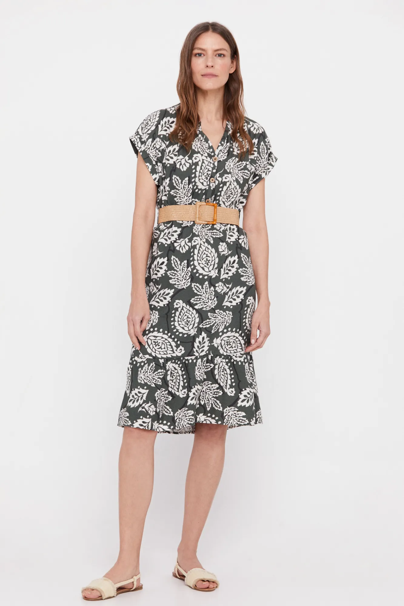 Cortefiel Vestido Confort Cinturon Estampado Verde Sale