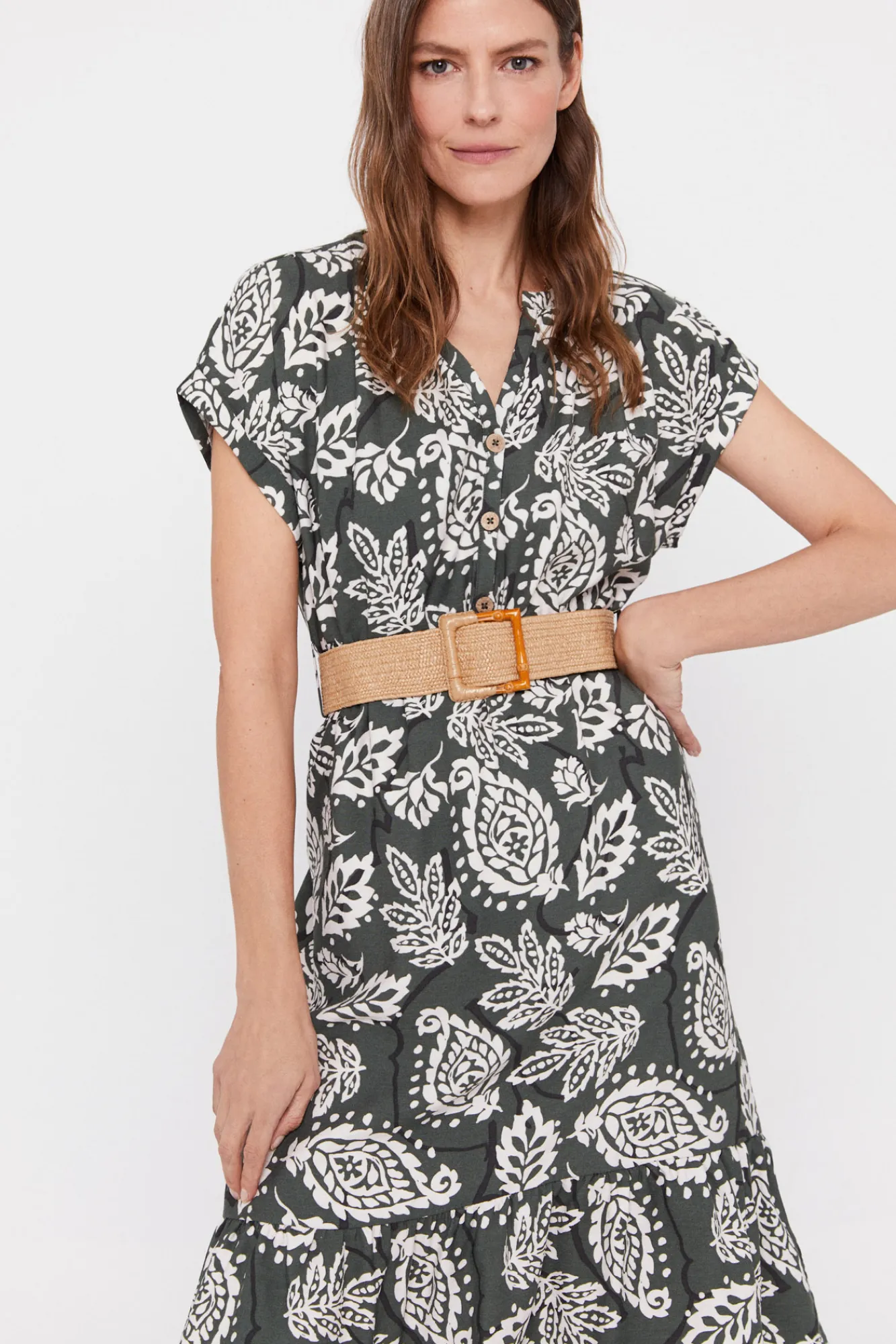 Cortefiel Vestido Confort Cinturon Estampado Verde Sale