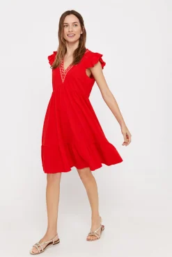 Cortefiel Vestido Corto Bordado Rojo