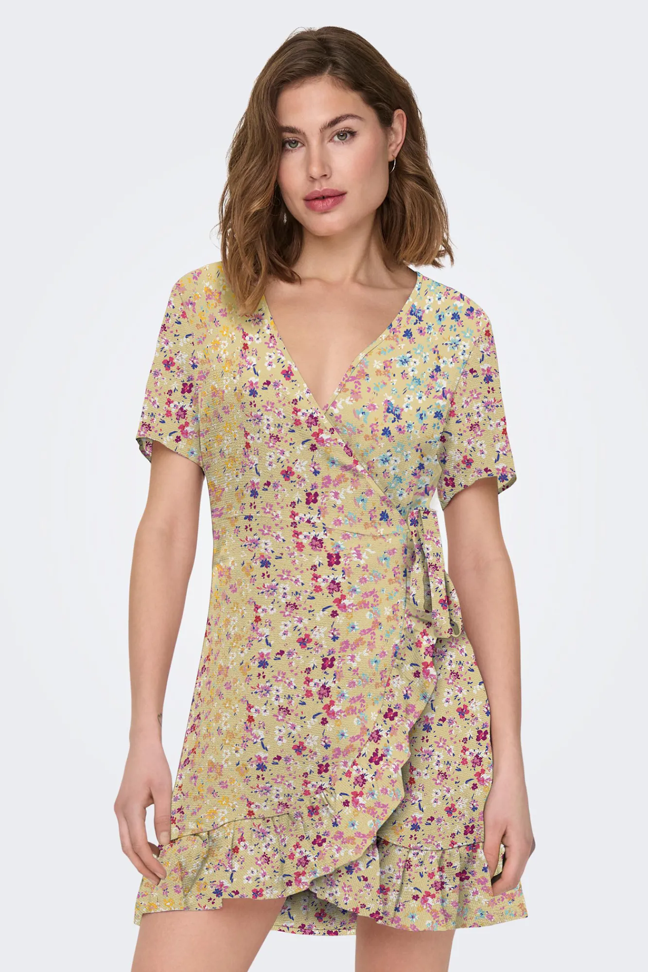 Only Vestido Corto Cruzado De Manga Corta Amarillo Best