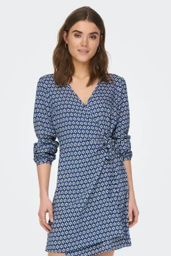 Only Vestido Corto Cruzado Manga Larga Azul Medio Discount