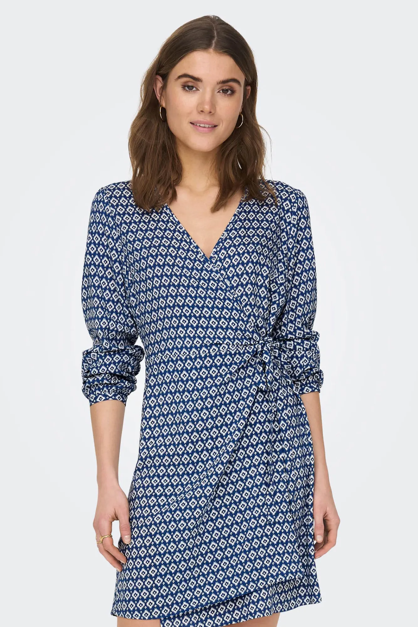 Only Vestido Corto Cruzado Manga Larga Azul Medio Discount