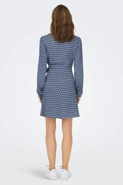 Only Vestido Corto Cruzado Manga Larga Azul Medio Discount