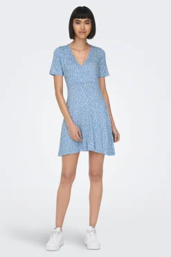 Only Vestido Corto Cuello Pico Azul Medio Best