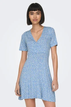 Only Vestido Corto Cuello Pico Azul Medio Best