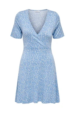 Only Vestido Corto Cuello Pico Azul Medio Best