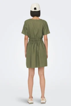 JDY Vestido Corto De Lino Manga Corta Kaki Oscuro New