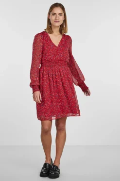 Pieces Vestido Corto De Manga Larga Y Con Estampado. Rojo Discount