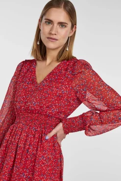 Pieces Vestido Corto De Manga Larga Y Con Estampado. Rojo Discount