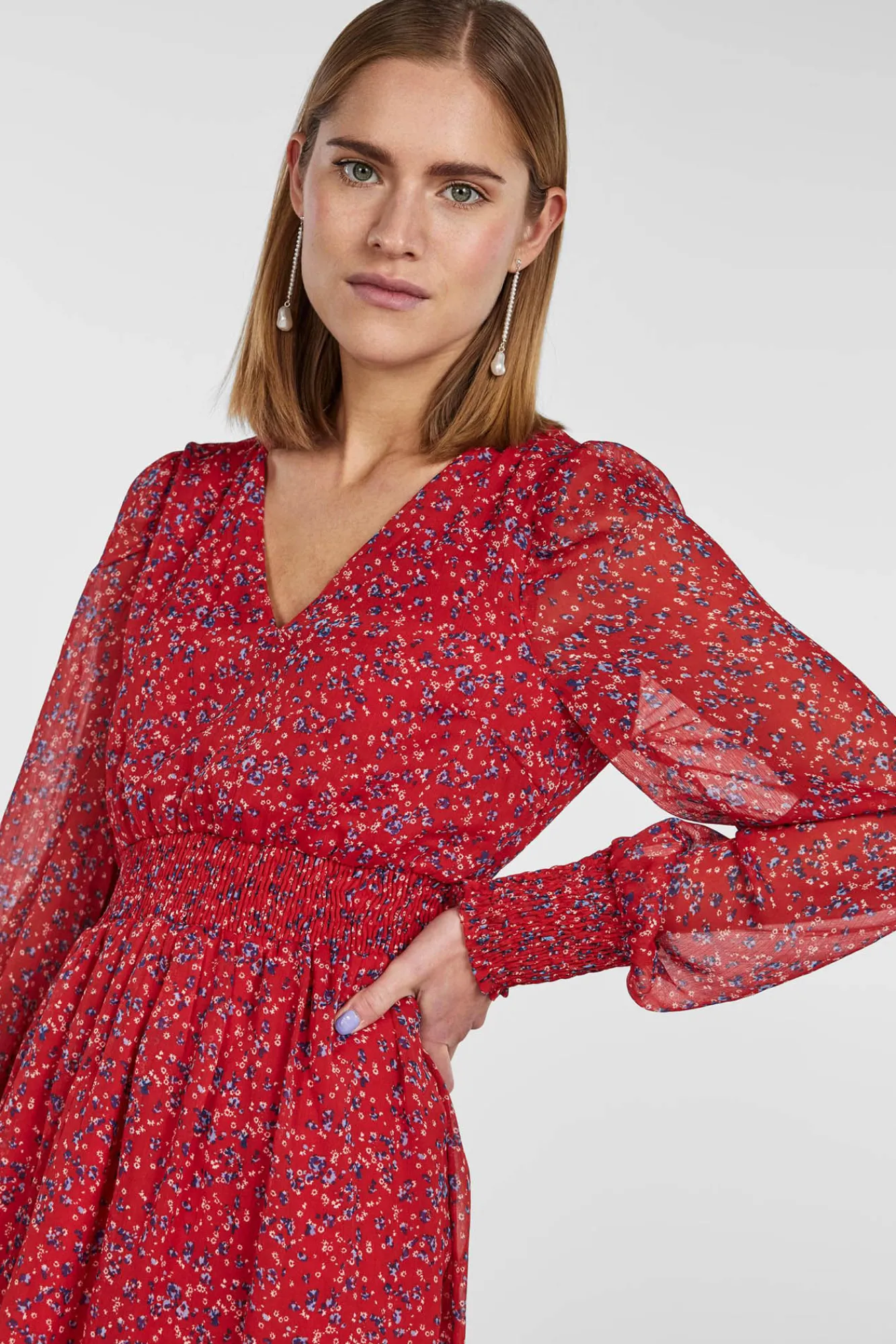 Pieces Vestido Corto De Manga Larga Y Con Estampado. Rojo Discount