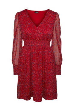 Pieces Vestido Corto De Manga Larga Y Con Estampado. Rojo Discount