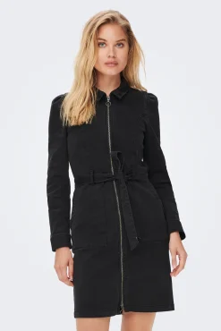 Only Vestido Corto Denim Manga Larga Negro Sale