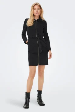 Only Vestido Corto Denim Manga Larga Negro Sale