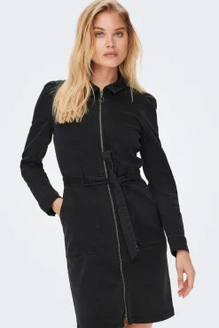 Only Vestido Corto Denim Manga Larga Negro Sale
