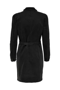 Only Vestido Corto Denim Manga Larga Negro Sale