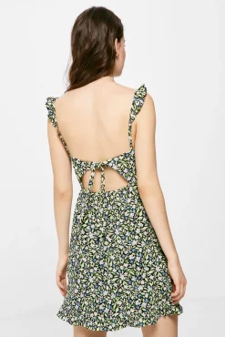 * Vestido Corto Estampado Lazo Espalda Negro Discount