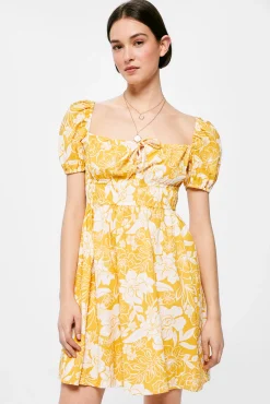 * Vestido Corto Estampado Lino Algodon Estampado Amarillo Outlet