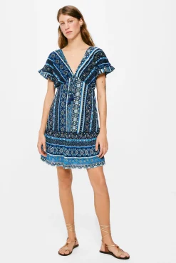 * Vestido Corto Flores Cenefa Estampado Azul Outlet