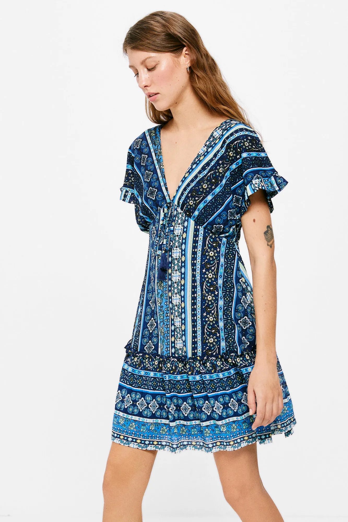 * Vestido Corto Flores Cenefa Estampado Azul Outlet