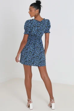 Brave Soul Vestido Corto Fruncido Con Botones Y Print Floral Estampado Azul Outlet