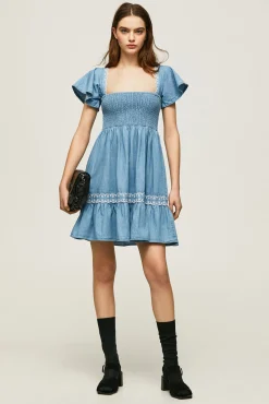 Pepe Jeans Vestido Corto Fruncido En El Pecho. Azul Oscuro New