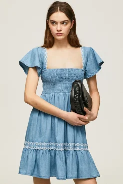 Pepe Jeans Vestido Corto Fruncido En El Pecho. Azul Oscuro New
