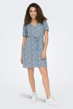 Only Vestido Corto Manga Corta Azul Medio Outlet