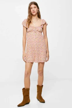 * Vestido Corto Tirante Volante Estamapado Naranja Clearance