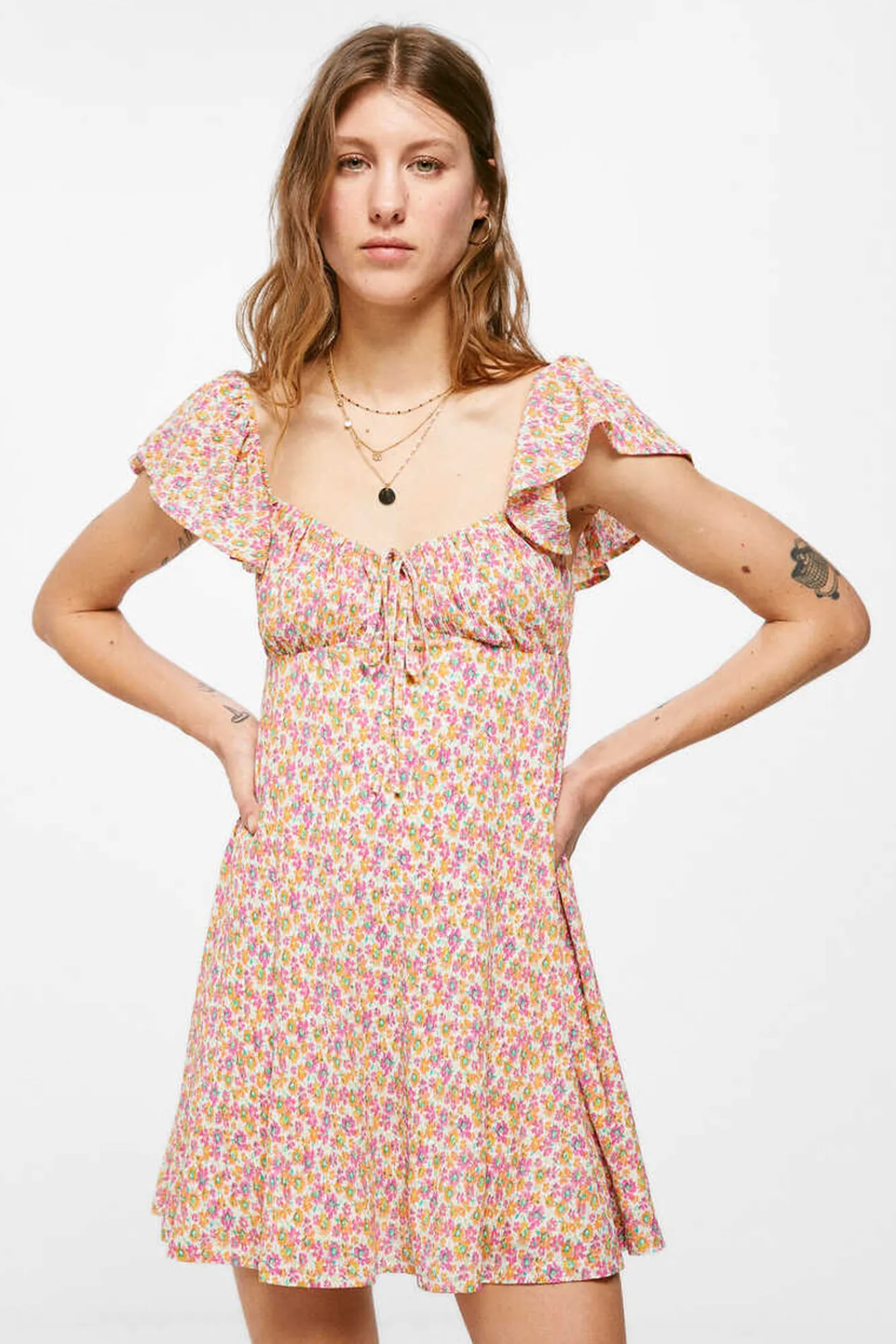 * Vestido Corto Tirante Volante Estamapado Naranja Clearance
