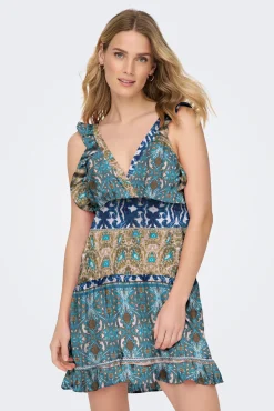 Only Vestido Corto Tirantes Con Volante Azul Medio Sale