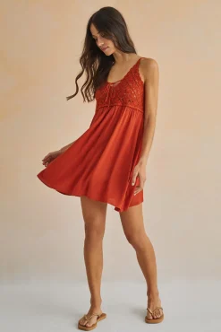 Women'secret Vestido Corto Tirantes Crochet Pecho Naranja Hot