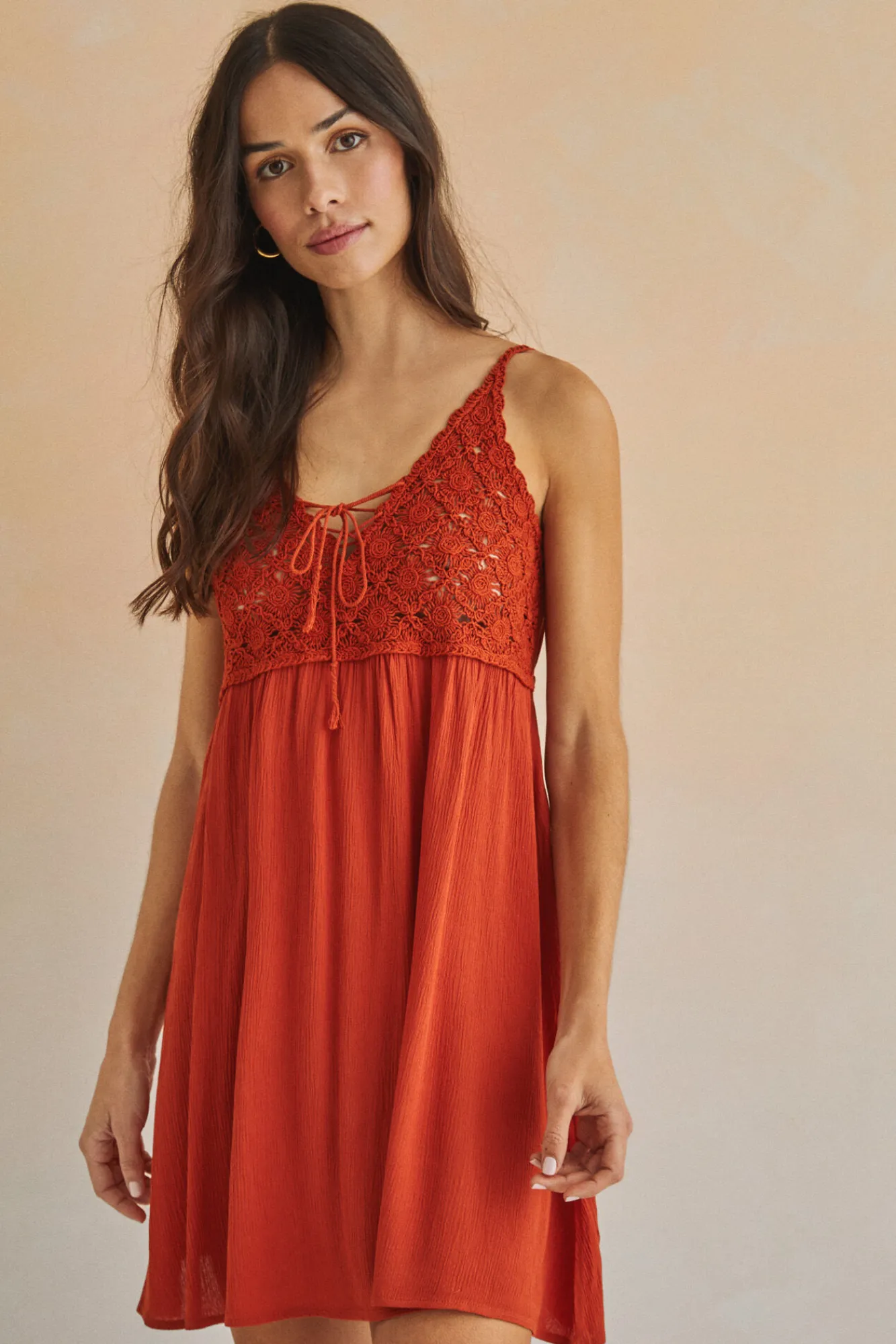 Women'secret Vestido Corto Tirantes Crochet Pecho Naranja Hot