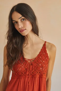 Women'secret Vestido Corto Tirantes Crochet Pecho Naranja Hot