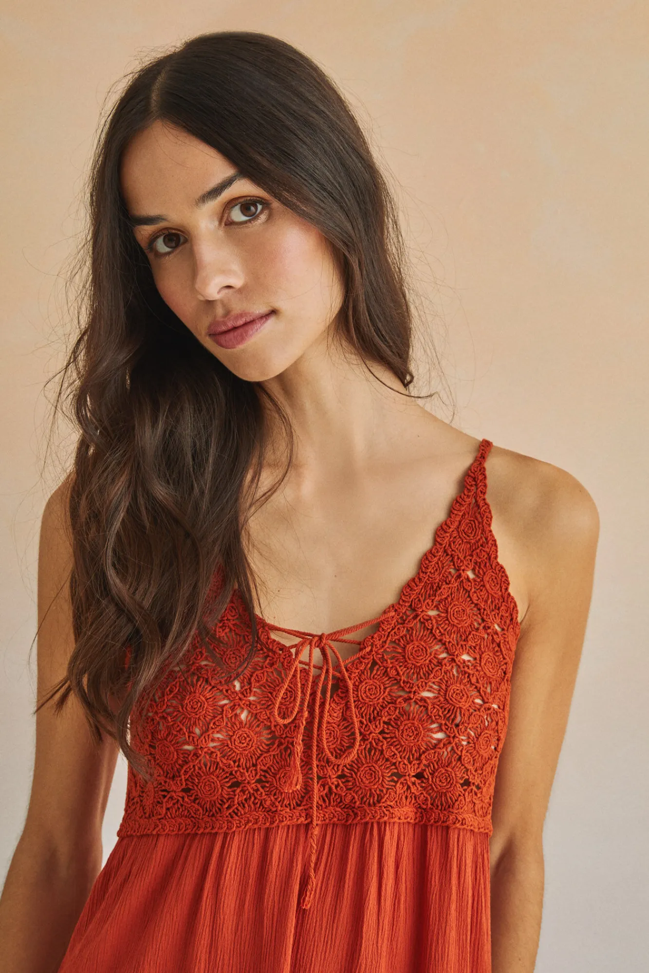 Women'secret Vestido Corto Tirantes Crochet Pecho Naranja Hot