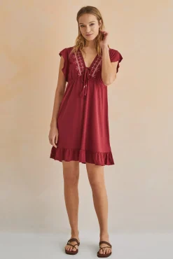Women'secret Vestido Corto Volantes Granate Naranja Hot