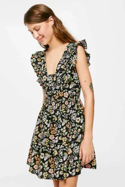 * Vestido Corto Volantes Volumen Negro Discount